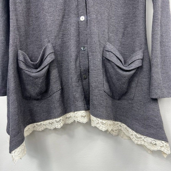 LOGO Lori Goldstein Gray Waffle Knit Tunic Top Size M Lace Trim A-Line - Picture 3 of 9